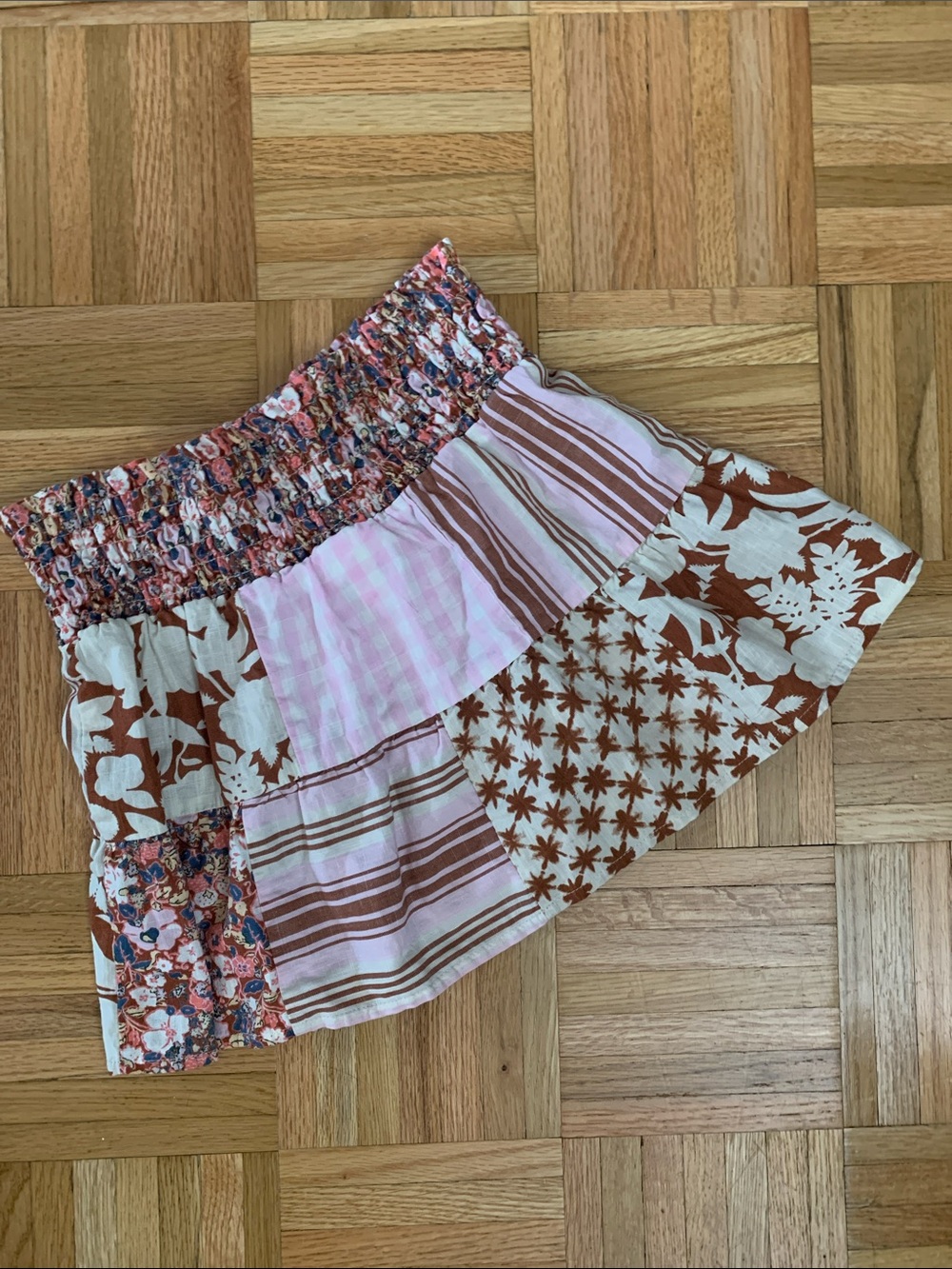 Girl’s Size 7/8 Tiered Smocked Waist Skirt - Patchwork Pink & Brown EUC